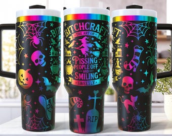 Funny Adult SVG 40 Oz Laser Tumbler Wrap, Laser Engraving SVG Seamless File, Halloween Spider Skull Bats, Bitchraft SVG, Witch Svg for Laser