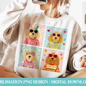 Sublimation de chemise de Pâques Goldendoodles PNG / Motif printanier pastel rétro vintage amusant / Oeufs peints Lunettes de soleil coeur Fleur