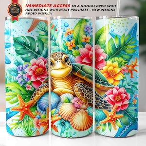 May include: A colorful tumbler with a design of a sea turtle surrounded by tropical flowers, leaves, and starfish. The background is a light blue with white bubbles.
