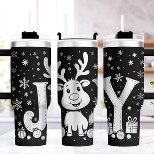 Envoltorio para vaso de 40 oz con láser navideño / Diseño sin costuras grabado al aguafuerte / Reno extravagante y caprichoso "Joy"