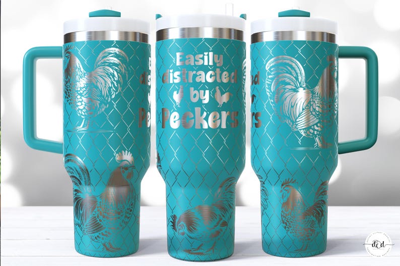 May include: Three teal travel mugs with white lids and teal handles. The mugs feature a silver rooster design and the text "Easily distracted by Pecker's". The mugs have a diamond pattern background.