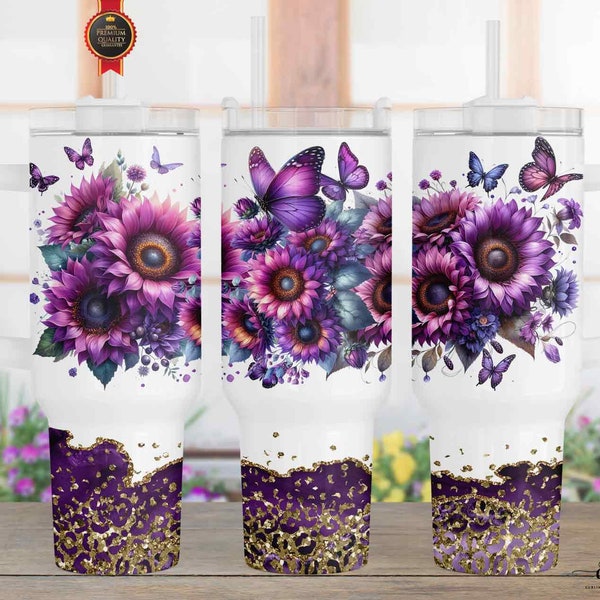 40 Oz Purple Sunflowers Butterflies Tumbler Wrap, Quencher Sublimation PNG / Agate Leopard Glitter / Instant Download