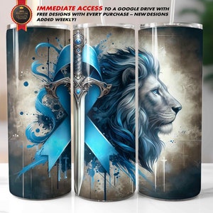 Vaso envolvente para cáncer de próstata, 20 oz, diseño recto, delgado y cónico, sublimación, diseño masculino grunge, espada de león, conciencia de lazo azul