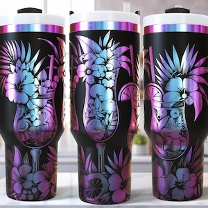 Cocktails SVG 40 Oz Laser, Becherverpackung zum Gravieren, Radierung Quencher Design, Sommer Floral Exotische Zitrone Limettenfrucht Tropische Palme Hibiskus