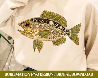 Fish PNG Sublimation Shirt Design / Faux Rhinestone Resin Glitter Crystal Design / Fishing Lake Sea Bass