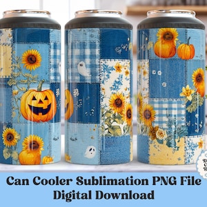 May include: Three can coolers with a patchwork design featuring sunflowers, pumpkins, and ghosts. The coolers have a blue background with yellow and white accents. The design includes a jack-o'-lantern and the text "Can Cooler Sublimation PNG File Digital Download."