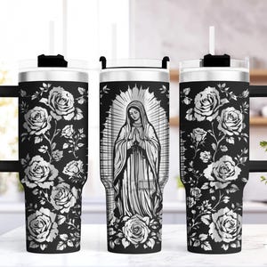 Nostra Signora di Guadalupe Laser 40 Oz Tumbler Wrap SVG / Incisione Quencher Design senza soluzione di continuità / Fede religiosa cristiana Santo / Rose messicane
