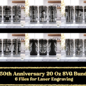 May include: A collection of six 20 oz stainless steel tumblers with various patriotic designs. The designs include American flags, eagles, and the text "250th Anniversary". The tumblers are black and silver, suitable for laser engraving.