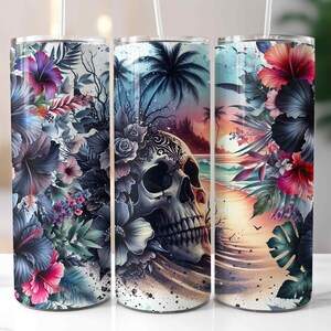 May include: Three stainless steel tumblers with colorful floral and skull designs. The tumblers feature a sunset scene with palm trees and ocean waves.