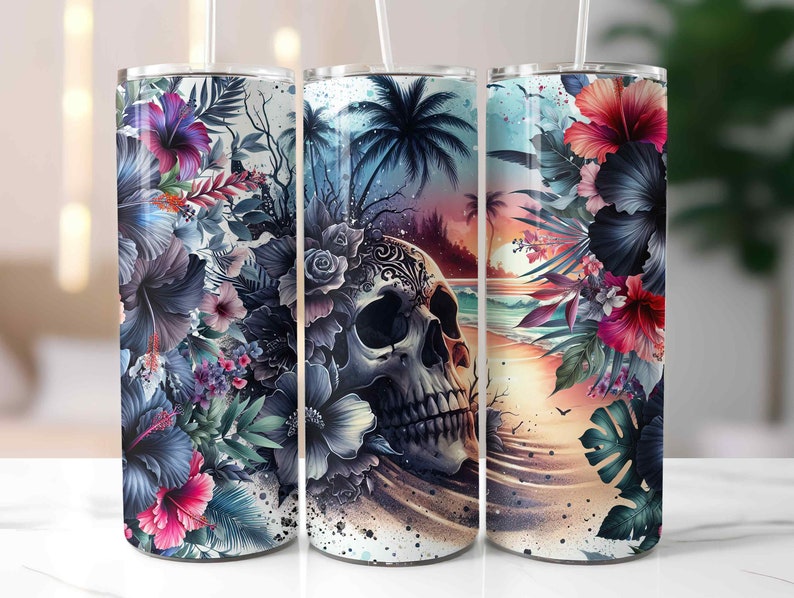 May include: Three stainless steel tumblers with colorful floral and skull designs. The tumblers feature a sunset scene with palm trees and ocean waves.