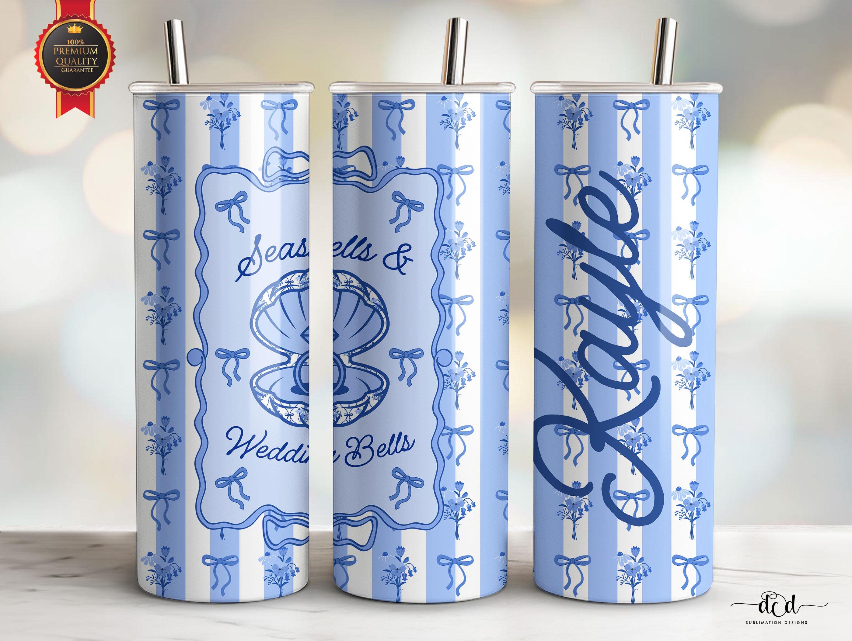 Seashells and Wedding Bells PNG for Sublimation, 20 Oz Straight Skinny Tumbler Wrap, Coquette Bow Floral Add Your Name Grandmillenial Design