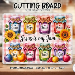 Op de afbeelding: Rechthoekige snijplank met een roze en witte ruitpatroon. Het toont illustraties van acht jampotten, elk met een ander label, zoals "Genade" en "Hoop". De tekst "Jesus is my Jam" is ook aanwezig. Afmetingen: 39.37cm x 28.58cm.