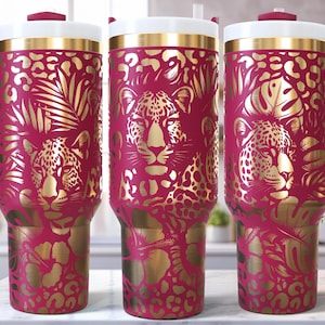 Leopardo SVG 40 Oz Laser, Envoltório de Copo para Gravação, Design de Supressor de Gravação, Floral de Verão Exótico Tropical Monstera Hibisco Estampa Animal