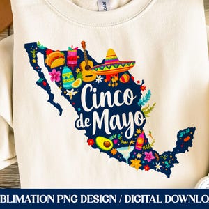 Camisa Cinco de Mayo Sublimação PNG / Bordado Folclórico Mexicano Aquarela Design Unissex / Latino Festivo / Silhueta Colorida do Mapa do México PNG