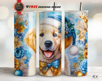 Christmas Golden Retriever Tumbler wrap, Straight Skinny 20oz, Sublimation PNG, Instant Download, FREE Designs Inside, Watercolor Design