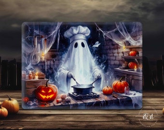 May include: A rectangular Halloween-themed cutting board featuring a ghost chef in a kitchen. The ghost is wearing a chef's hat and stirring a pot. Pumpkins, candles, and kitchen tools are also visible. The background is a brick wall.