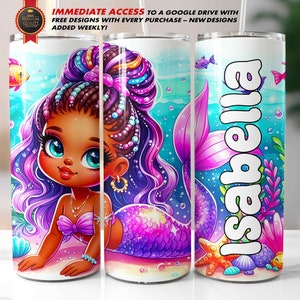 May include: A personalized tumbler featuring a cartoon mermaid with purple and pink hair, a pink tail, and a seashell bra. The tumbler has the name "Isabella" printed on it in a white bubble font.