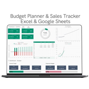 May include: A laptop screen displaying a budget planner and sales tracker spreadsheet with charts and graphs. The spreadsheet is titled "Budget Planner & Sales Tracker Excel & Google Sheets". The spreadsheet shows a running balance, profit/loss, total income, total expenses, and a profit chart. The spreadsheet also shows a budget for income and expenses.