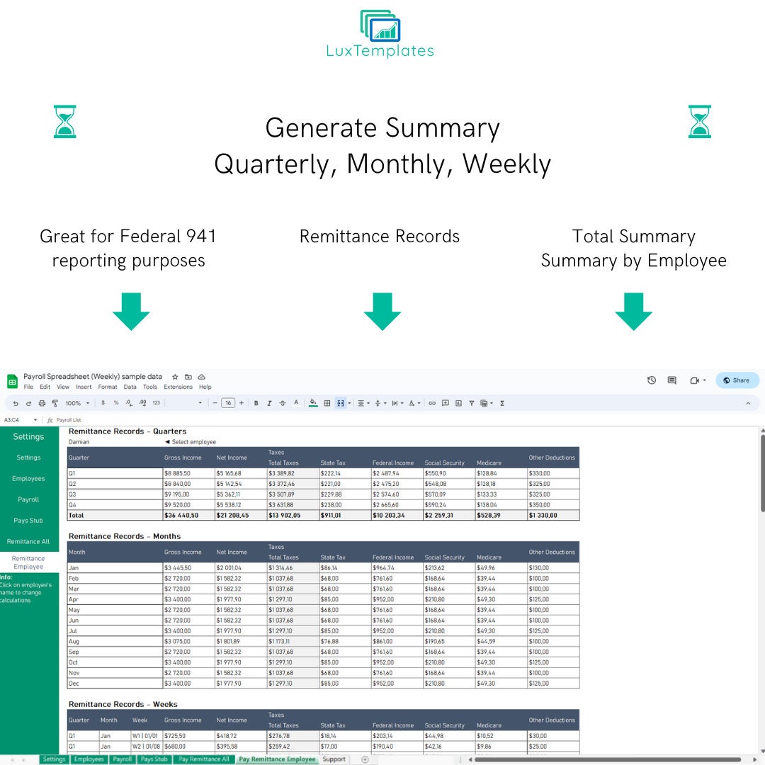 Payroll Template Google Sheets With Pay Stub Weekly Employee - Etsy