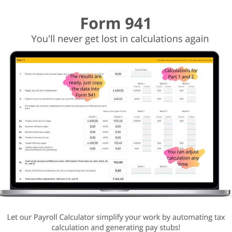 Form 941 - calculations for part 1 and2.
The results are ready to copy into form 941