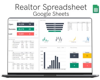 May include: A laptop computer screen displaying a Google Sheets spreadsheet with a realtor dashboard. The dashboard includes a year-to-date summary, sales funnel, profit by month, and tasks summary. The spreadsheet is color-coded with green, yellow, and red.