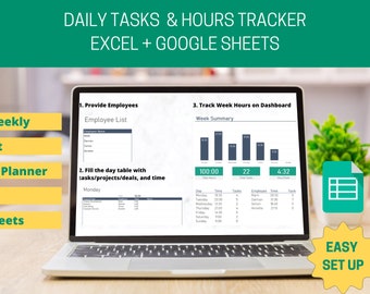 Könnte beinhalten: Ein Laptop-Computer, auf dem eine Tabellenkalkulation mit einem Tagesaufgaben- und Stunden-Tracker für Excel und Google Sheets angezeigt wird. Die Tabellenkalkulation enthält einen Abschnitt für die Mitarbeiterliste, die täglichen Aufgaben und eine Wochenübersicht mit einem Balkendiagramm. Der Laptop steht auf einem Holztisch mit einer grünen Pflanze und einem grünen Symbol einer Tabellenkalkulation.