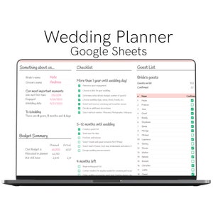 Può includere: Un foglio di calcolo per la pianificazione di un matrimonio visualizzato sullo schermo di un laptop. Il foglio di calcolo è diviso in tre sezioni: Qualcosa su di noi, Lista di controllo e Lista degli invitati. La sezione Qualcosa su di noi include i nomi della sposa e dello sposo, la data del loro matrimonio e altri dettagli importanti. La sezione Lista di controllo include i compiti da completare prima del matrimonio, organizzati per periodo di tempo. La sezione Lista degli invitati include un elenco degli invitati e una casella di controllo per confermare la loro presenza.