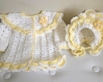 Handmade Crochet Baby Cardigan and Bonnet Set, Yellow & White Frilly Outfit