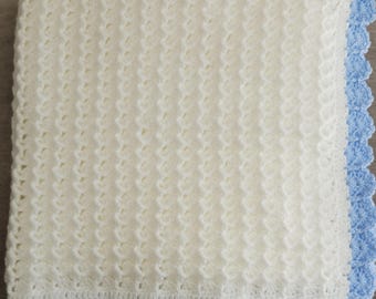 Hand Crochet Baby Blanket: White with Blue Trim  (32x32 inch)