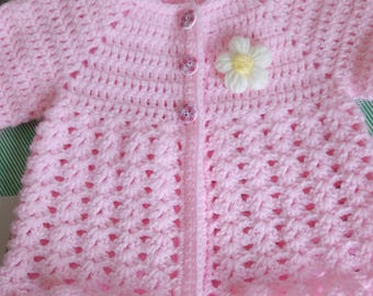 Handmade Crochet Baby Cardigan: Pink Acrylic Sweater, Flower Detail