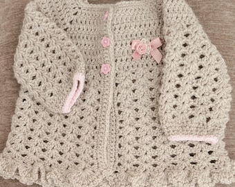 Handmade Crochet Baby Cardigan: beige Oatmeal Acrylic Sweater, Flower Detail