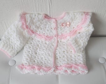 Handmade Crochet Baby Cardigan , Pink & White