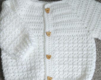 Hand crochet baby cardigan white 0.3 mths