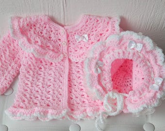Handmade Crochet Baby Cardigan & Bonnet Set | Pink Acrylic Outfit