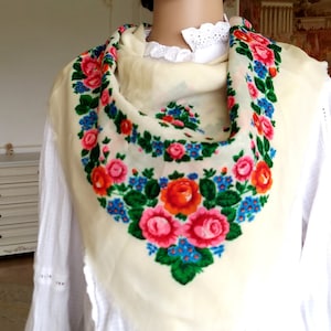 ivory floral scarf grandmother gift  Wool scarf ivory shawl Vintage shawl grandmother Ukrainian shawl Russian shawl Folk SCARF floral Shawl