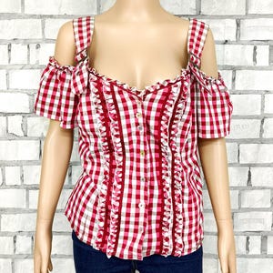 burgundy  Gingham Shirt Gingham Dirndl Blouse Gingham Blouse dirndl top Button Up Shirt  check shirt check Blouse Vintage cotton shirt XL