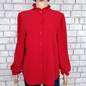 valentines day gift Women red blouse L High Neck Blouse Secretary classic blouse evening blouse Vintage formal office  high collar blouse