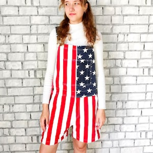 american flag overall shorts L 4th of July Independence Day Denim jeans grunge Overall patriotic womens denim jumpsuit Patriotic Outfit