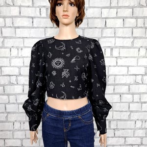 Black white blouse S sun moon print shirt Galaxy shirt Galaxy blouse sun moon blouse sun moon celestial top celestial blouse celestial shirt