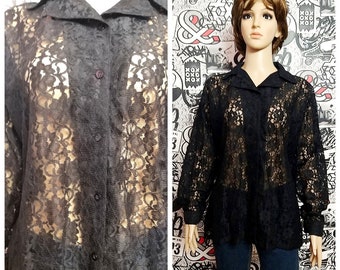 Vintage 90s Sheer Dark Floral Gothic Grave Rave Dreamy Top sz S M art goth Roses Button Up Shirt