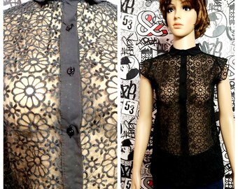 Vintage 90s Sheer Dark Floral Gothic Grave Rave Dreamy Top sz S M art goth Roses Button Up Shirt