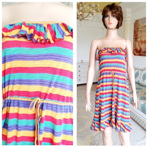 Sukienka w paski, sukienka tęczowa, sukienka wielokolorowa, kolorowa sukienka, sukienka vintage, sukienka boho, sukienka letnia, sukienka Rainbow Clothing, sukienka bez ramiączek, sukienka plażowa, sukienka słoneczna