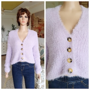 Womens cardigan M angora Knit sweater Womens sweater fluffy cardigan lavender sweater knitted sweater lavender cardigan fuzzy cardigan