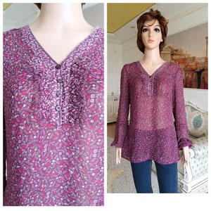 Womens blouse Flower blouse Flower shirt floral Clothing purple shirt floral shirt floral blouse Ruffle blouse casual blouse Ruffle shirt M