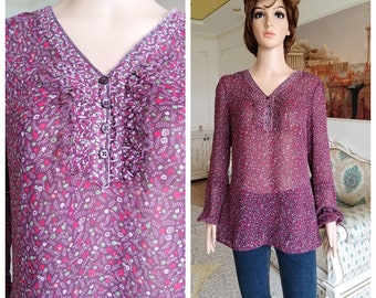 Womens blouse Flower blouse Flower shirt floral Clothing purple shirt floral shirt floral blouse Ruffle blouse casual blouse Ruffle shirt M