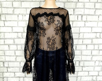black Lace Tunic L black Lace blouse transparent Blouse black Blouse Womens Blouse black gothic top gothic Blouse Black Sheer evening blouse