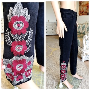 floral print embroidered jeans pants vintage denim pants M black jeans pants women jeans Bottom Jeans Hippie Jeans Retro Pants boho Jeans