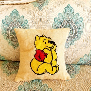 Winnie The Pooh print pillow kids pillow baby pillow Decorative child hand embroidered pillow Vinta Needlework needlepoint Walt Disney print
