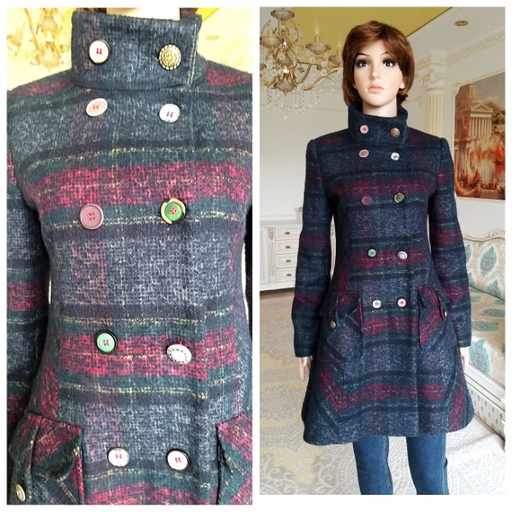 Double Breasted coat Vintage purple plaid coat wo