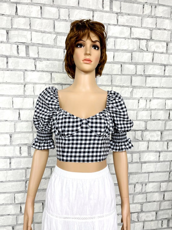 black white Gingham Shirt M/L Gingham Dirndl Blou… - image 8